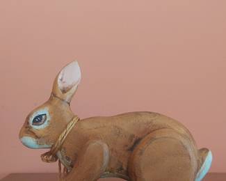 Vintage Hand-Carved Wooden Rabbit Figurine with Jute Bow