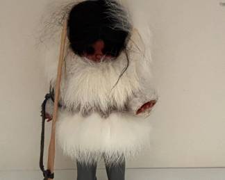 Vintage Inuit Eskimo Doll with Fur Parka and Wooden Accessory