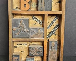 Vintage Printer's Type Tray with Advertising Printing Blocks (Tennessee Sour Mash, Tennis, Fishing)