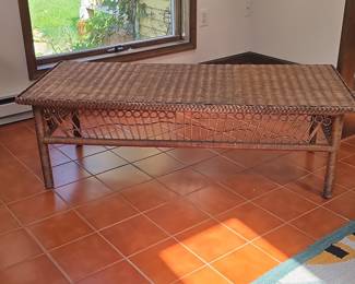 Vintage Wicker Coffee Table with Circular Motif Apron