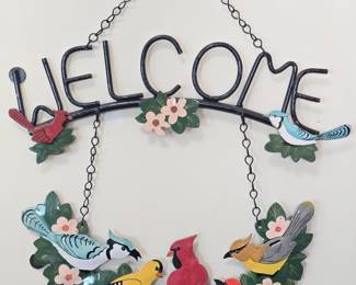 Vintage Metal Hand-Painted "WELCOME" Sign with Songbirds