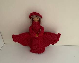 Vintage Crochet Doll with Red Dress and Bonnet