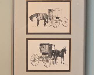 Vintage Amish Horse and Buggy Ink Wash Prints by Rogel