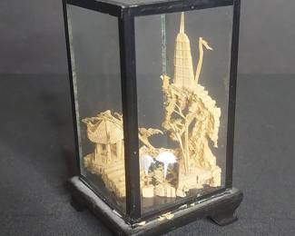 Vintage Chinese San You Cork Carving Diorama with Pagoda and Cranes