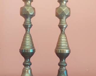 Victorian "Diamond and Beehive" Brass Candlestick Pair