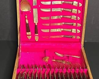 Vintage Thai Niello or Brass Flatware Set, Kee Teck Jewelry