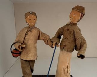 Vintage Chinese Cloth Figural Couple with Cane and Basket