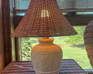Vintage Spanish White Ceramic Wicker Table Lamp, 1960s