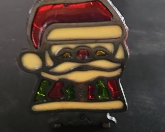 Vintage Cast Iron Stained Glass Santa Claus Candle Holder