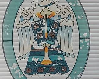Vintage Stained Glass Oval Suncatcher with Angel Playing Trumpet
