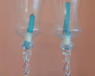 Pair of Vintage Twisted Stem Glass Hurricane Candle Holders