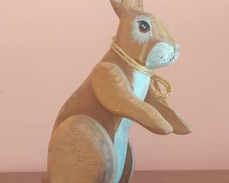 Vintage Hand-Carved Wooden Rabbit Figurine with Jute Collar