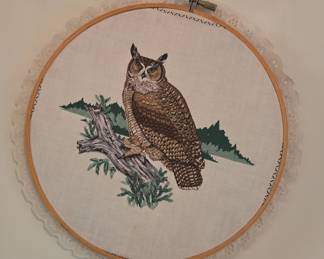 Vintage Great Horned Owl Embroidery Hoop Art with Lace Trim