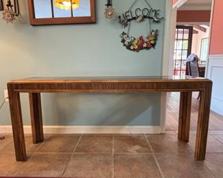 Mid-Century Modern Carved Walnut and Glass Insert Console Table