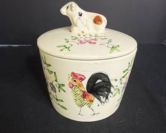 Vintage Hand-Painted Rooster and Cow Lidded Canister