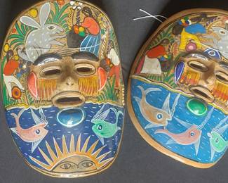 Pair of Hand-Painted Mexican Folk Art Ceramic Masks