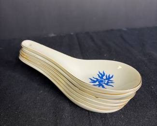 Vintage Porcelain Chinese Soup Spoons with Blue Floral Motif and Gold Rim