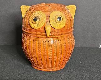 Vintage Shanghai Handicrafts Woven Bamboo Owl Basket with Glass Eyes