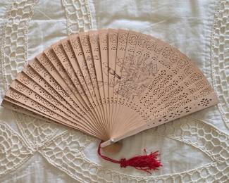 Vintage Chinese Sandalwood Folding Fan with Bird and Floral Motif