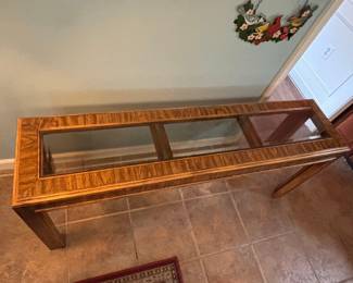 Mid-Century Modern Carved Walnut and Glass Insert Console Table