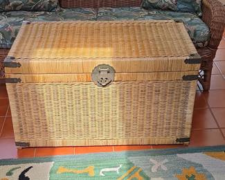 Vintage Chinoiserie Wicker and Brass Blanket Chest