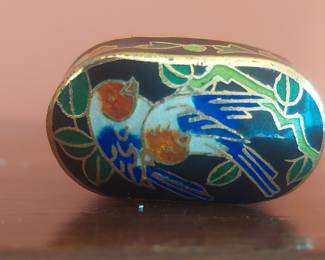 Vintage Chinese Cloisonné Enamel Pill Box with Bird and Floral Motifs