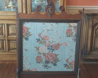 Victorian Walnut Fireplace Screen with Floral Needlepoint