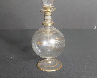 Vintage Egyptian Hand-Blown Perfume Bottle with Gold Trim and Etched Motifs
