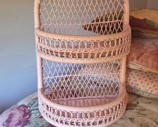 Vintage Pink Wicker Two-Tier Wall Shelf