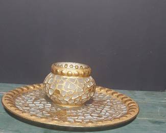 Pier 1 Mosaic Glass Candle Holder and Tray Set