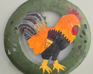 Vintage Hand Painted Metal Rooster Wall Plaque