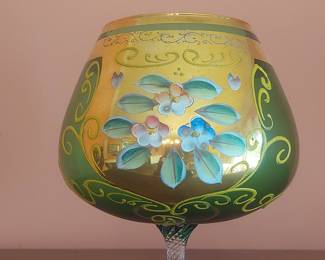 Bohemian Green Glass Raised Enamel Floral Brandy Snifter