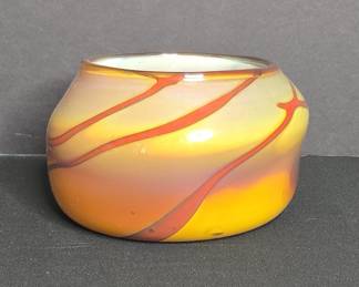 Loetz Style Iridescent Art Glass Bowl with Red Trail Decoration