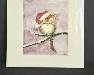 Vintage Hand-Painted Christmas Owl Ceramic Tile by VFL