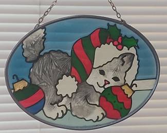 Vintage Joan Baker Designs Stained Glass Christmas Kitten Suncatcher