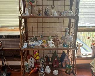 Vintage Rattan and Wicker Etagere Display Shelf with Scrollwork Top