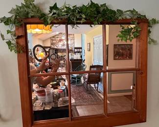 Reclaimed Wood Window Pane Wall Mirror with Shelf