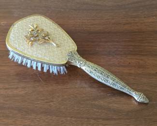 Vintage Hollywood Regency Style Hairbrush with Floral Appliqué and Removable Nylon Bristle Block