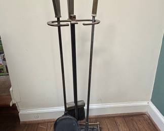 Mid-Century Modern Brass and Black Fireplace Tool Set