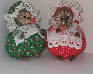 Vintage Handmade Dried Seed Pod Hedgehog Figurines