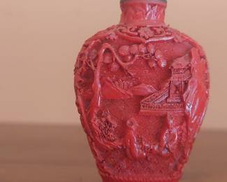 Vintage Cinnabar Lacquer Snuff Bottle with Landscape and Figures