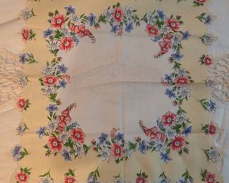 Vintage Floral Print Handkerchief with Scalloped Edge and Crochet Trim
