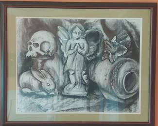 Original Charcoal Drawing of Vanitas Still Life with Angel, Skull, and Rabbit, Dated 2005