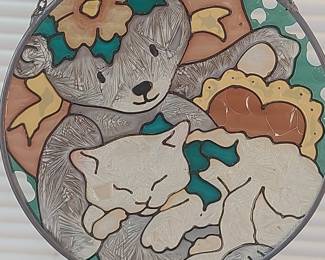 Vintage Joan Baker Designs Stained Glass Sun Catcher - Bear and Kitten
