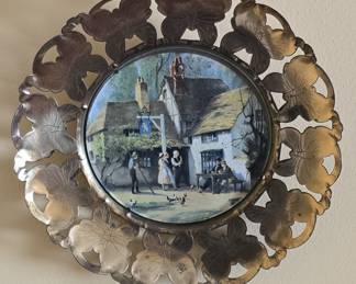Vintage Brass Butterfly Framed English Tavern Scene Wall Plaque