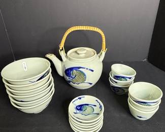 Vintage Japanese Celadon Koi Fish Tea Set