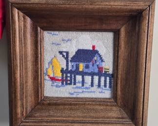 Vintage Nautical Cross-Stitch Sampler - Coastal House and Sailboat