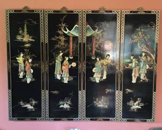Vintage Chinese Export Black Lacquer and Soapstone Four-Panel Wall Screen with Mother of Pearl Inlay