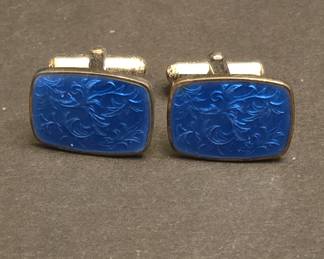 Vintage Sterling Silver Blue Guilloche Enamel Cufflinks