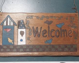 Hand-Painted Folk Art Welcome Sign with Birdhouses and Birds